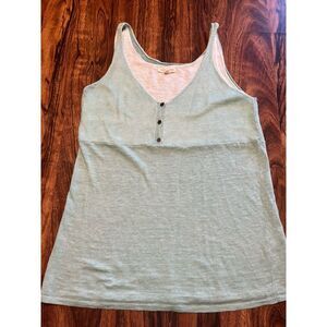 Eileen Fisher Sz M Green And White Slub Linen Knit Double Tank Top Shirt